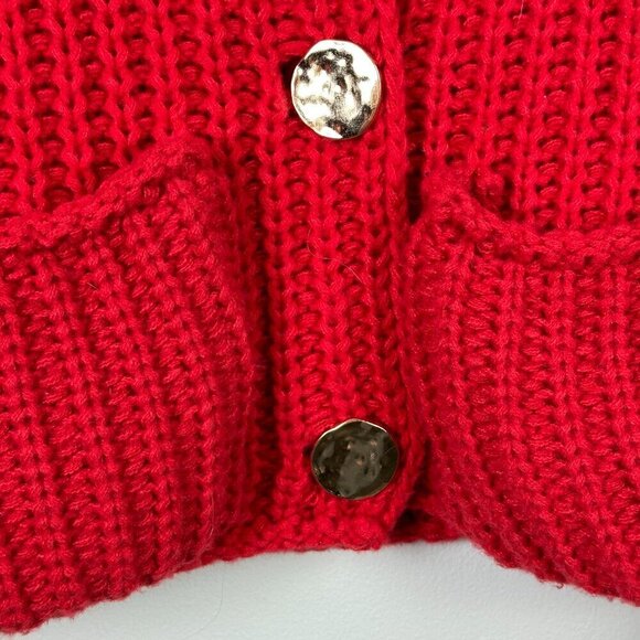Hand Knit Cropped Large Button Cardigan Red - Picture 5 of 6